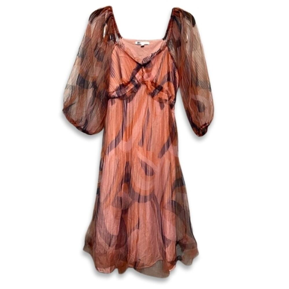 DR2 By Daniel Rainn Midi Dress Long Sleeves Pleated Floral Coral Multi W XS NWT